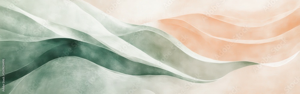 Poster waves of muted green and peach flow gracefully, creating a serene abstract landscape