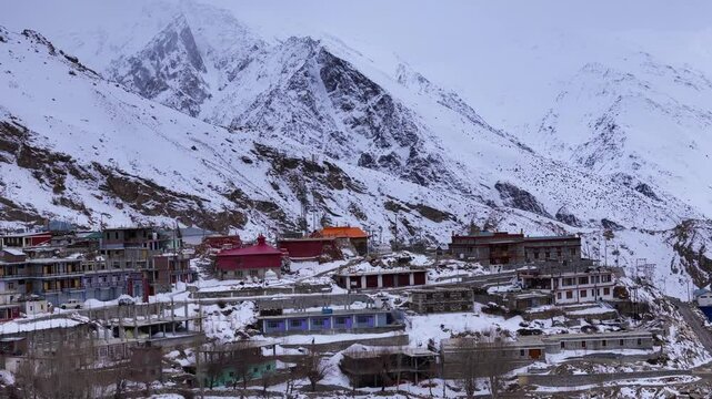 Aerial drone shot revealing the beauty of Nako Village, surrounded by barren hills and offering a glimpse into the remote lifestyle of the Himalayas.