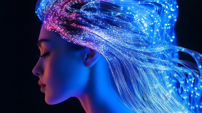 Hairstyle incorporating programmable fiber-optic strands that glow in intricate patterns 