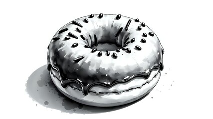 Monochrome Ink Illustration of a Donut with Dripping Chocolate Glaze, Donut artistic concept 
