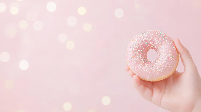 hand holding pink frosted donut with colorful sprinkles against soft pink background - Powered by Adobe