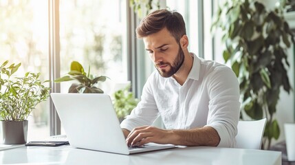 Young Professional Man Working on Laptop in Modern Office Space