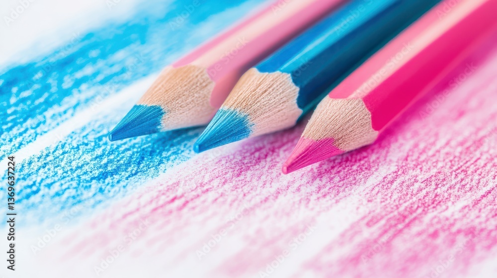 Poster Dynamic composition of vibrant colors created with soft pencil strokes in various shades of blue and pink on textured paper