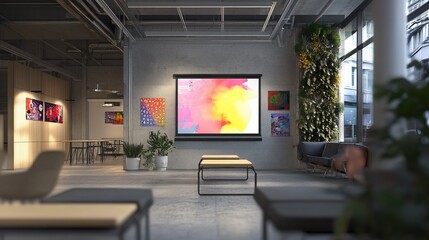 Modern art gallery interior with abstract display, comfortable seating area, and urban design elements.