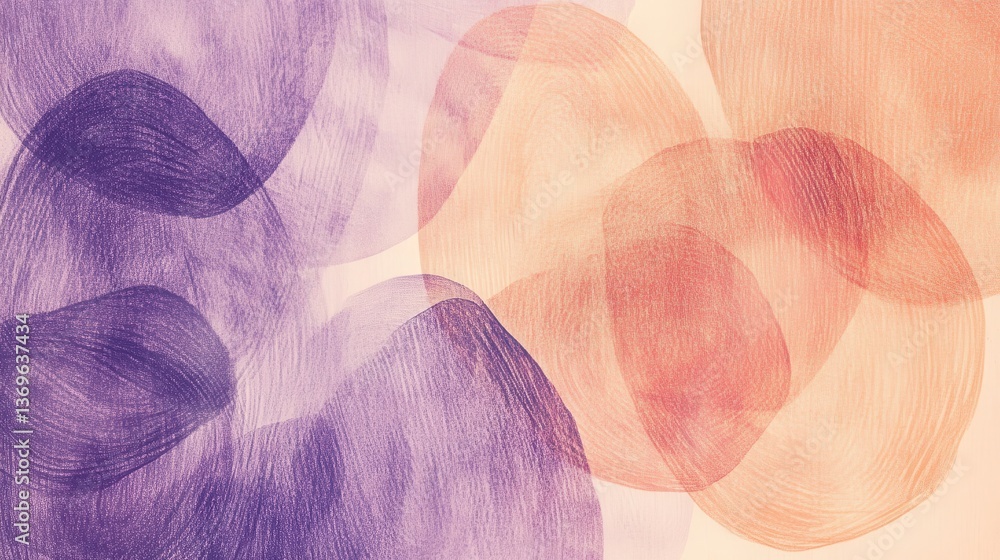 Poster Soft pencil strokes blend in abstract patterns of purple and peach hues expressing calmness