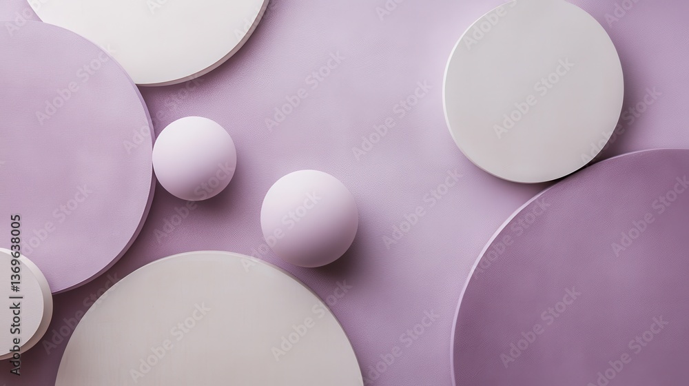 Fototapete Soft lavender background featuring various circular shapes in contrasting tones and textures, creating a serene and modern aesthetic