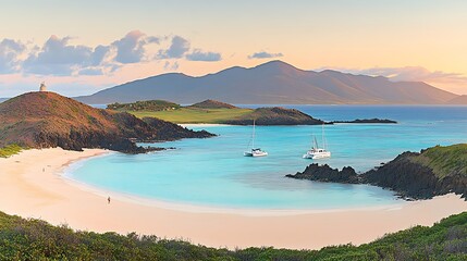 Beautiful scenic ocean landscape with sailboats and surrounding coastline vista