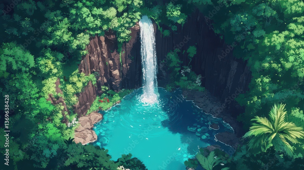 Poster waterfall cascading into a tranquil turquoise pool surrounded by lush greenery in a tropical paradis