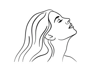Elegant Womans Profile, Line Art, Minimalist, Black and White, Serene, Peaceful, Head Tilt, Long Hai