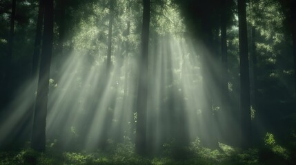 Fototapeta premium Sunlight filtering through a dense forest