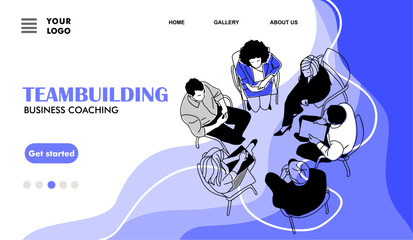 Obraz premium Teambuilding business coaching concept landing page. Website template with business team members, men and women sitting in circle top view. Outline vector sketch drawing in trendy purple colors.