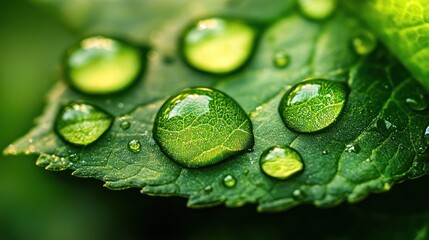 Fototapeta premium Macro Photography: Dew Drops on a Lush Green Leaf