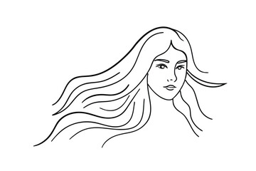 Elegant Woman Line Art Drawing, Long Hair, Windblown, Serene Face