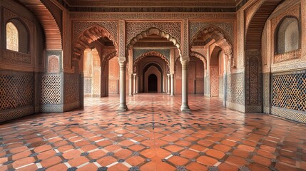 Obraz premium Palace hallway, intricate tilework, arched entryways, Moroccan architecture, historical interior design