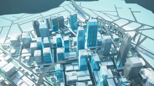 Blue-scale city model showcasing tall glass buildings, a circular ring road, and elevated pathways. Perfect for urban planning, architecture, and futuristic downtown concepts.