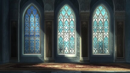 Palace Hallway, Stained Glass Windows, Sunlight, Carpet, Fantasy Setting