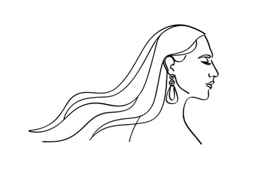 Elegant Woman Profile, One Line Drawing, Long Hair, Earrings, Minimalist Art