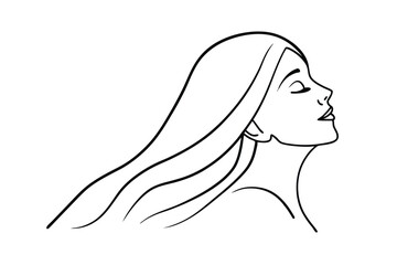 Serene Woman Profile, Long Hair, Line Art, Elegant, Minimalist Drawing, Peaceful, Graceful, Black an