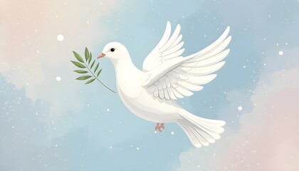 Fototapeta premium White dove carrying olive branch, flying peacefully against soft pastel background.