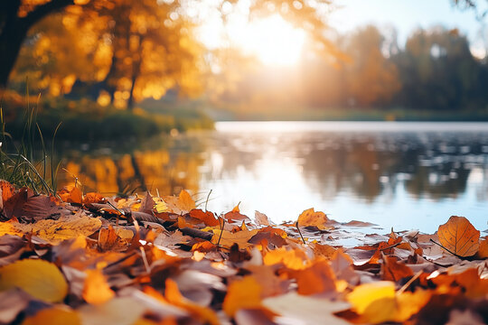 Golden autumn leaves gently resting by a tranquil lake, bathed in the warm glow of a setting sun, creating a serene and peaceful autumn scene.