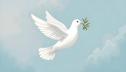 Fototapeta premium White dove carrying olive branch, flying peacefully against soft pastel background.