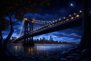 Obraz premium A dreamy watercolor interpretation of the Manhattan skyline, using deep blues and golden highlights