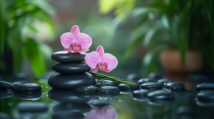 a person meditating or practicing yoga near a display of bamboo, stones, and orchids, promoting relaxation and well-being.