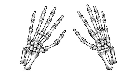 Detailed black and white human skeleton hands with realistic bone structure.