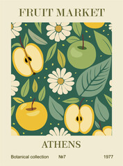 Abstract Fruit Market Athens retro poster. Trendy contemporary wall art with apple fruits design in green colors. Modern naive funky  interior painting. Vector art illustration