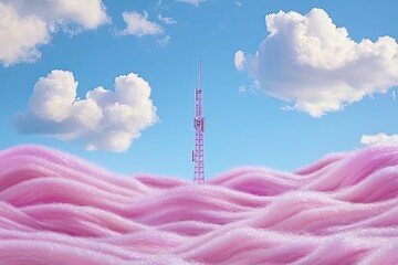 Exhibit a symmetrical layout of a broadband signal tower, surrounded by abstract fiber optic waves in soothing tones.