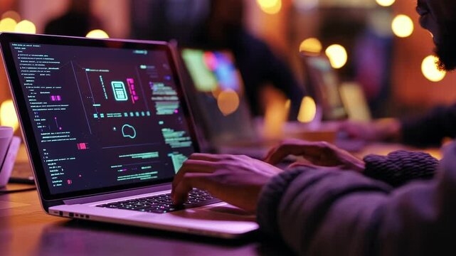 A closeup of a participants hands typing on a laptop during a cybersecurity workshop with a bright monitor showcasing a diagram of a firewall and network security protocols. Postit