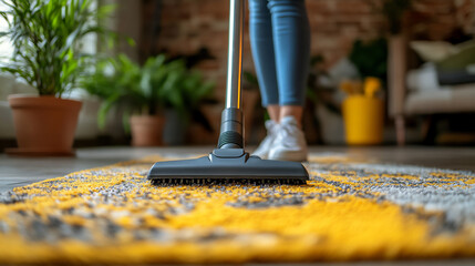 a person using a vacuum cleaner to clean a rug or carpet in a home environment, with a focus on the ease and efficiency of the task.