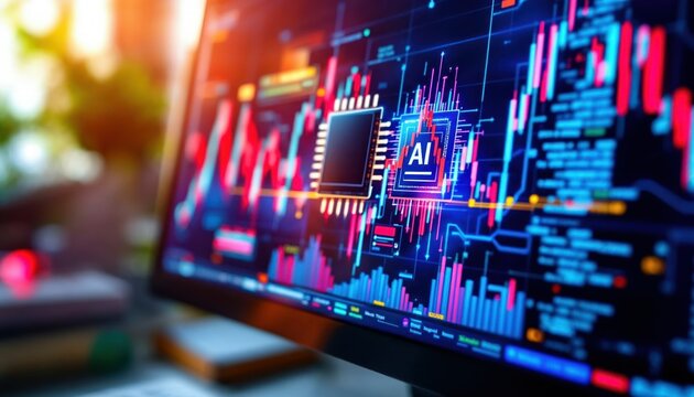 A captivating visual of a computer screen displays dynamic data visualizations and a digital circuit board. Future Intelligence - Powered by Adobe
