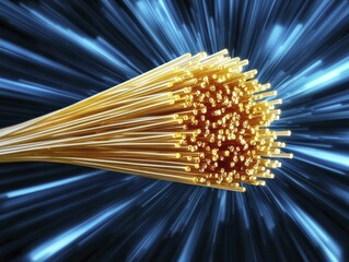 Depict data flow illustrated by radiant beams traveling through fiber optics, blending soft hues with ample negative space.