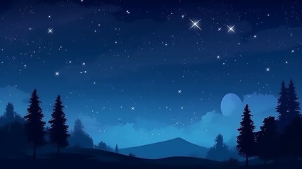 Naklejka premium Serene Night Scene with Silhouetted Trees and Stars