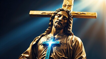 Obraz premium A graphic representation for Good Friday featuring a silhouette of Jesus on the cross against a golden sun rising or setting in the background.