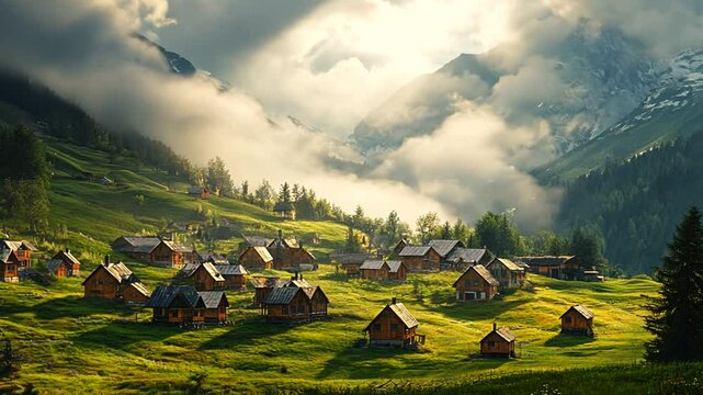 Picturesque alpine village nestled in verdant hills under a cloudy sky mountain backdrop