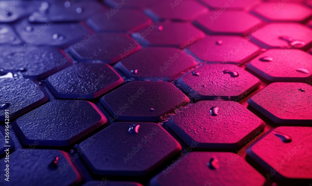 Poster wet hexagonal tiles with neon light, futuristic background, design element