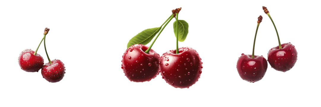 Set of A Isolated two fresh cherries with water droplets on Transparent PNG format Background.