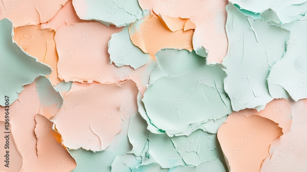Poster Elegant pastel peach and mint torn patches create a visually striking abstract background full of soft colors and unique textures