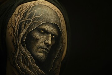 A gothic-style black-and-gray tattoo of a grim reaper, with deep shadows and eerie skull details