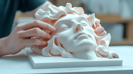Artist Carefully Shaping a White 3D Printed Mask of a Human Face