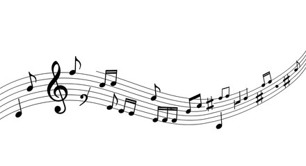 Flowing musical staff with notes and treble clef, minimalist design.