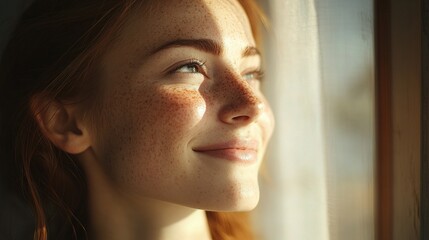 Young Woman Smiling with Freckles, Looking Away at Natural Light
