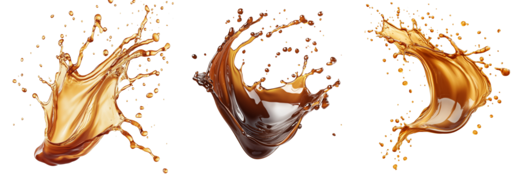 Set of A brown liquid splashes in the shape of an on Transparent PNG format Background. 