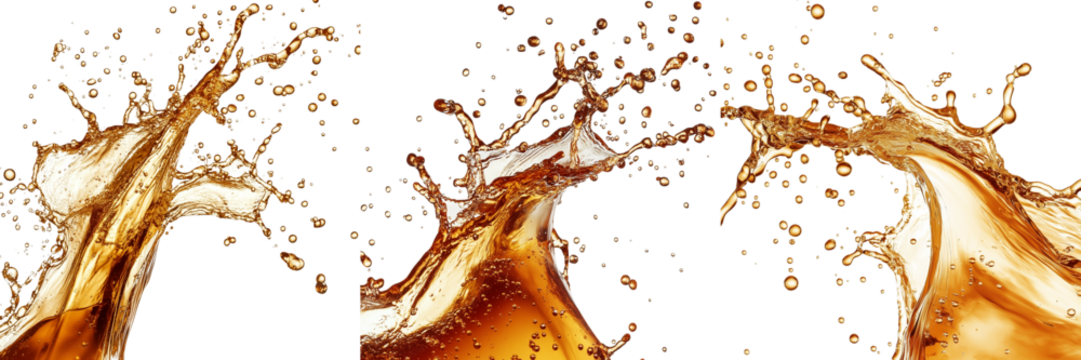 Set of A brown liquid splashes in the shape of an on Transparent PNG format Background.