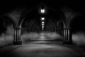 A haunting black-and-white photo of an abandoned New York subway station, with eerie lighting and mist