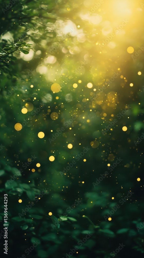 Aufkleber bright golden bokeh highlights create a magical atmosphere in a lush green forest during golden hour
