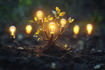Illuminated bulbs grow as plant in dark soil.