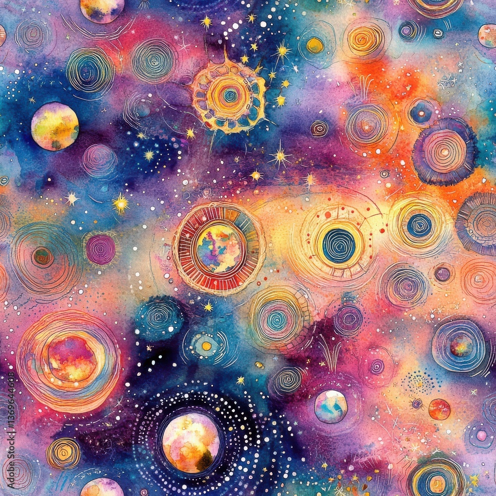 Poster vibrant and intricate doodle cartoon drawings of celestial bodies and cosmic elements in a colorful 